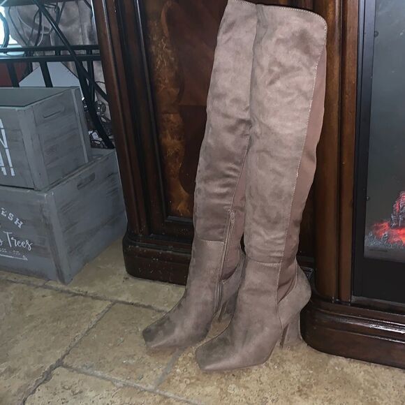 Taupe Suede Over Knee Boots - Picture 4 of 6
